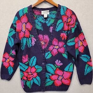 Vintage Izod Sweater Women M Floral Cardigan Hand Knit Cotton Blend Vibrant Rare